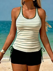 voordelige Tankini's-Dames Zwemkleding Tankini 2 stuks Hoge taille Zwempak Buikcontrole Hoge taille Slank Blote rug Vakantie Strand Kleding Gestreept U-hals Mouwloos Badpakken