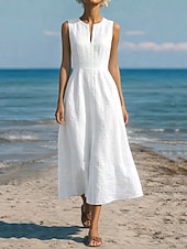 abordables Robes Fausse Essentielle-Robe maxi en lin-like pour femmes en faux coton robe en A robe d'été décontractée quotidienne coupe régulière sans manches col en V blanc été