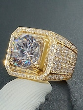 זול חתונה ACC-טבעת סגסוגת מצופה זהב/כסף לגברים עם זירקוניה מרובעת גדולה, משובצת ביהלומים קטנים, מושלמת ליום האהבה, חתונות ומתנות