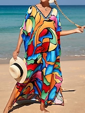 cheap Stripe&amp;Geometric Dress-Women's Maxi Dress Beach Dress Casual Dress Boho Dress Cover Up Elegant Fashion Modern Outdoor Vacation Going out Loose Fit Abstract Half Sleeve V Neck Blue Pink Royal Blue Orange Summer Spring