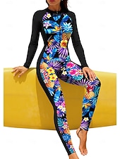 preiswerte One Pieces Rash Guards-Damen Regulär Anti UV Shirt Ganzkörper-Rashguard Badeanzug Blumenmuster Tropisch mit integriertem BH Frontreißverschluss UV-Sonnenschutz vollständige Bedeckung UPF50+ Langarm Handyhülle für das ganze