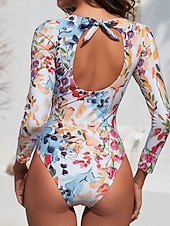 tanie Stroje kąpielowe jednoczęściowe-Damskie Stroje kąpielowe Jeden kawałek Monokini Kostium kąpielowy Wyszczuplenie brzucha Wysoka talia Szczupła Odkryte plecy Urlop Stroje plażowe Kwiaty Okrągły dekolt Długi rękaw Kostiumy kąpielowe