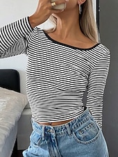economico T-shirt a righe e geometrico-Per donna Maglietta Stampato A righe Moda Elegante Classico Manica Lunga Girocollo Top Regolari Quotidiano Uscire Weekend Nero Rosa Rosso Blu marino Estate Primavera