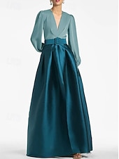 cheap A-Line Evening Dresses-A-Line Floor Length Evening Gown High Split Mother Of The Bride Long Sleeve V Neck Formal Wedding Guest Belt / Sash Satin with Pleats Slit