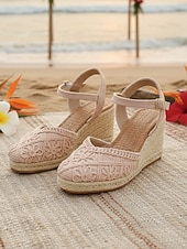 abordables Femmes-Espadrilles compensées blanches en dentelle pour femmes - élégantes sandales à plateforme crochetées à bout fermé et bride cheville, chaussures confortables pour les vacances d'été à la plage.