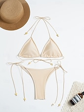 preiswerte Bikini-Sets-Damen Badeanzug Bikini Zweiteilig Tanga Bademode Schlank Rückenfrei Urlaub Strandbekleidung Einfarbig V Ausschnitt Ärmellos Badeanzüge