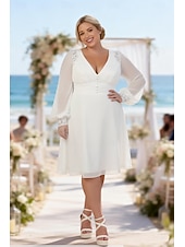 cheap Little White Dresses-A-Line Knee Length White Dress Wedding Dresses Bridal Shower Dresses Bridal Gown Elegant Little White Dresses Long Sleeve V Neck Wedding Graduation Chiffon with Lace Pleats Solid Color