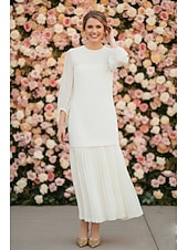 baratos Vestidos brancos pequenos-Tubinho Até o Tornozelo Vestido branco Vestidinho branco Vestidos para convidadas de casamento Elegante Manga Longa Gola Redonda Formal Convidado do casamento Chiffon com Pregas Franzido