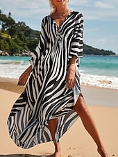 tanie Sukienki w paski i geometryczne-Damskie Sukienka maxi sukienka plażowa Codzienne sukienki Sukienka Boho Cover Up Elegancja Moda Nowoczesny Na zewnątrz Plaża Urlop Luźna Prążki Krótki rękaw W serek Niebieski Czarny Biały Rumiany róż