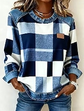 voordelige Strepen en Geometrische Hoodies-Dames Blouse Lapwerk Ruitjes Kleurenblok Elegant Vintage Stijlvol Lange mouw Strakke ronde hals Normale tops Dagelijks Feestdagen Uitgaan blauw Zwart Groen Rood / blauw Rose Roze Lente Herfst Winter