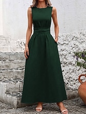tanie Biała sukienka-Damskie Sukienka maxi Sukienka A line Urlop Codzienny Na zewnątrz Wyjściowe Luźny / a Jednokolorowe Bez rękawów Wycięcie pod szyją Granatowy Czarny Czerwony Zielony Lato Wiosna