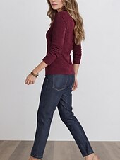 abordables T-shirt uni-Femmes Flou Froncé Boucle en métal Couleur Unie Mode Occasionnel manche longue Col ras du cou Col rond Hauts Réguliers Quotidien Sortir Vin Printemps Automne