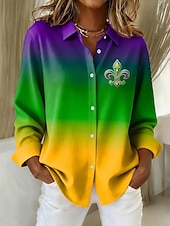 cheap Women's Carnival-Carnival Mardi Gras Women's Shirt Blouse Patchwork Buttons Print Ombre Graphic Color Block Vintage Stylish Casual Long Sleeve Shirt Collar Regular Tops Daily White Purple Summer Spring Fall Winter