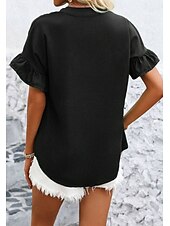 preiswerte Schicke Blusen-Damen Hemd Bluse Patchwork Knöpfe Einfach Vintage Stilvoll Lässig Kurzarm Stehkragen Normale Oberteile Täglich Ferien Ausgehen Denim Blue Schwarz Gelb Wein Marineblau Sommer Frühling