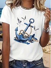 economico Maglietta Arte &amp; Design-Per donna Maglietta Stampato Grafico Ancora Vintage Elegante Classico Manica Corta Girocollo Top Regolari Quotidiano Weekend Blu Bianco Estate Primavera