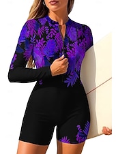 お買い得  ワンピースラッシュガード-女性用 ラッシュガード ワンピースサーフィンスーツ 水着 フラワー トロピカル風 カラーブロッキング ジッパーを閉める 内蔵ブラ付き 取り外し式パッド UVサンプロテクション UPF50+ 超軽量(UL) 長袖 スイムウェア ラッシュガード サーフィン ビーチ ウォータースポーツ 夏