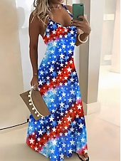  Ziua Independenței Rochie Maxi Purtătoare de Drepturi Femei Patriotic Rochie A-Line Rochie Slip Vacanță Casual Ieșire Ajustare Regulată Grafic Steag Fără Mâneci Guler în V Bretele Spaghetti Albastru
