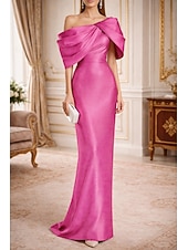 cheap Sheath Evening Dresses-Sheath Column Floor Length Evening Gown Formal Dress Elegant Glittering Sleeveless One Shoulder Wedding Formal Taffeta Cowl Back with Bow(s) Ruched
