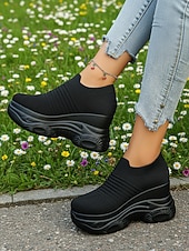 billiga Damsneakers-vita stickade slip-on-platåskor med kilklack för kvinnor – bekväma, grova athleisure-skor för dagliga promenader, ärenden och resor