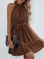 Недорогие Искусство и Дизайн Платья-Жен. Мини-платье Платье A-силуэта Платье-комбинация Платье с открытыми плечами Отпуск На каждый день на открытом воздухе На выход Стандартная посадка Леопард Горошек Без рукавов НАЙКА НЕКО