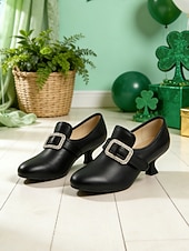  Women's Forest Green Leather Pumps with Rhinestone Square Buckle – Festive Leprechaun Style Low Heels for St. Patrick's Day Parties, Holiday Parades & Vintage Enthusiasts