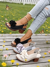 preiswerte Absatzsandalen-Graue Damen-Sandalen mit mittelhohem Absatz und Blumenmuster – elegant-lässiger Stil, bequemer Blockabsatz, ideal für Damen, Alltag, Gartenpartys, Reisen und Sommerveranstaltungen