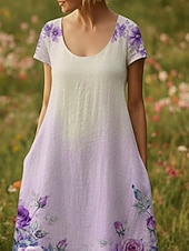  Mulheres Vestido maxi longo Vestido Boho Vestido casual Vintage Diário Ao ar livre Praia Ajuste Largo Floral Manga Curta Decote U Roxo Verão Primavera