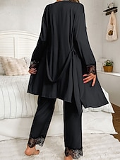 cheap Women's Sleepwear-Women's Loungewear Robe Pajama Set Fashion Luxury Casual Pure Color Lace Elastic Waist Pant Home Vacation Long Sleeve V Neck Black Pink Wine Navy Blue Summer Spring Fall Regular Fit