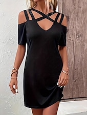 preiswerte schwarzes Minikleid-Damen Minikleid schwarzes kleid Cocktailkleid Sommerkleid Einfarbiges Kleid Aktiv Mode Modern Täglich Urlaub Ferien Normale Passform Einfach Kurzarm V Ausschnitt Schwarz Sommer Frühling