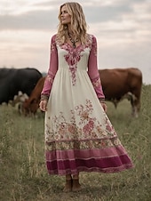 halpa Boho-mekko-Naisten Midimekko A linjainen mekko Juhla Vapaa-aika Boheemi Deitti Loose Fit Kukka Kuvitettu Pitkähihainen V kaula-aukko Punastuvan vaaleanpunainen Apila Kesä Kevät