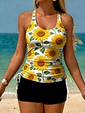 billige Tankinier-Dame Badetøy Tankini 2 stk Høy Midje Badedrakt Midjekontroll Høy Midje Tynn Åpen rygg Ferie Strand Klær Blomstret U-hals Ermeløs Badedrakter