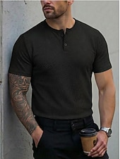 ieftine Tricou casual Henley-Bărbați Cămașă Henley Waffle Tee Top Manșon scurt Henley Vară Culoare solidă Modă Designer Comfortabil Nasturi Simplu Casual Zilnic În aer liber Negru Roz Alb Top tricou pentru bărbați