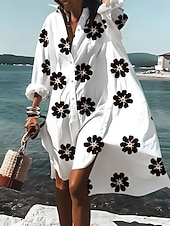 ieftine rochie florală-Pentru femei Rochii Midi Rochii Tip Cămașă Rochie casual Rochie de vară Elegant Vacanță Tropical Plajă Potrivire Largă Floral Manșon Lung Guler Cămașă Albastru piscină Negru Alb Vară Primăvară