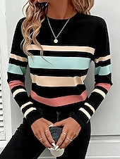 tanie Koszulka w paski i geometryczna-Damskie Podkoszulek Kolorowy blok Nadruk Graficzny Geometryczny Moda Elegancki Klasyczny Długi rękaw Półgolf Zwykłe topy Codzienny Niebieski Czarny Zielony Lato Wiosna