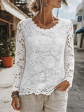 cheap Lace Tops-Women's Blouse Lace Solid Color Elegant Stylish Casual Long Sleeve Crew Neck Regular Tops Daily White Summer Spring Fall