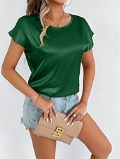 tanie gładka koszulka-Damskie Satyna Top satynowy Podkoszulek Jednokolorowe Elegancja Elegancki Krótki rękaw Rękaw nietoperz Półgolf Zwykłe topy Codzienny Wyjściowe Zielony trawiasty Czarny Rumiany róż Złoty Lato Wiosna