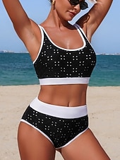 رخيصةأون أطقم البيكيني-نسائي ملابس السباحة بيكيني 2 قطعة عالي الخصر ملابس السباحة ضعيف بدون ظهر العطلة ملابس الشاطئ لون الصلبة منقط رقبة سكوب بدون كم بدلة سباحة