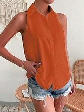voordelige Gewone Tank-Dames Satijnen overhemd Kampshirt Met ruches Effen Kleur Elegant Stijlvol Casual Mouwloos Overhemdkraag Normale tops Dagelijks Zwart Wit Paars Oranje Beige Zomer Lente