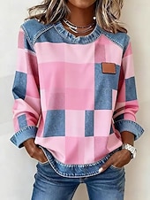voordelige Strepen en Geometrische Hoodies-Dames Blouse Lapwerk Ruitjes Kleurenblok Elegant Vintage Stijlvol Lange mouw Strakke ronde hals Normale tops Dagelijks Feestdagen Uitgaan blauw Zwart Groen Rood / blauw Rose Roze Lente Herfst Winter