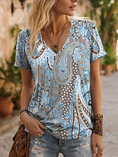 Χαμηλού Κόστους Τέχνη &amp; Σχεδίαση μπλουζάκι-Γυναικεία Μπλουζάκι Στάμπα Γραφική Λαχούρι Βίντατζ Στυλάτο Καθημερινό Κοντομάνικο Λαιμόκοψη V Κανονικά μπλουζάκια Καθημερινά Θαλασσί Κίτρινο Βυσσινί Καλοκαίρι Άνοιξη