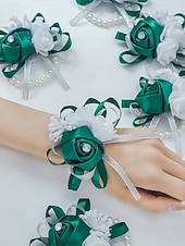 abordables Boda ACC-Ramillete de muñeca de rosas para mujer, flor de cinta de poliéster con pulsera elástica de perlas falsas, varios colores, accesorio elegante para damas de honor y novias para bodas, bailes de graduación y eventos formales.