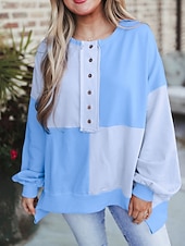 Недорогие Простые худи-Жен. Pullover Толстовки Пэчворк Пуговицы Контрастных цветов Мода Классика Современное Длинный рукав Вырез под горло Обычные топы Для улицы На каждый день Синий Черный Розовый Небесно-голубой Зеленый