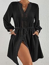 abordables Vestidos de playa-Mujer Vestido hasta la Rodilla Vestido blanco vestido de playa Vestido negro Tapadera Elegante Moda Clásico Manga de la linterna Diario Exterior Playa Holgado Plano Manga Larga Escote Chino Negro