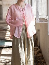 baratos Coleção de Linho Premium-Camisa feminina 100% linho, blusa com botões, lisa, estilo vintage, manga longa, gola redonda, tops regulares para uso diário, férias, sair, nas cores preto, rosa, vermelho e verde, para verão e primavera.