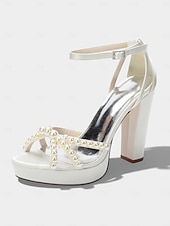 cheap Bride-Women's Ivory Platform Chunky Block Heel Sandals, Pearl-Embellished Ankle Strap Bridal Shoes for Church Weddings