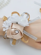 abordables Boda ACC-Ramillete de muñeca de rosas para mujer, flor de cinta de poliéster con pulsera elástica de perlas falsas, varios colores, accesorio elegante para damas de honor y novias para bodas, bailes de graduación y eventos formales.