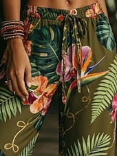 お買い得  ボーホーパンツ-女性用 ワイドレッグ チノパン パンツ ファッション ベーシック ボヘミアン 全長 ミディアムウエスト フラワー ポケット 弾性ウエスト プリント 快適 通気性 伸縮性なし 日常 アウトドア バケーション グリーン 夏 春 秋 レギュラー