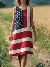  Dam Knälång klänning Vardagsklänning Slipklänning Mode Grundläggande Modern Dagligen Utomhus Strand Normal Amerikanska flaggan Stjärnor och ränder Ärmlös Rund hals Rubinrött Sommar Vår