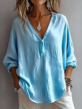 cheap Shirts-Women's Cotton Linen Shirts Ruched Solid Color Daily Basic Casual Long Sleeve V Neck Regular Tops Daily White Pink Sky Blue Summer Spring Fall