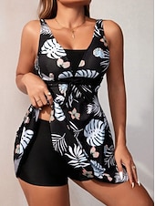 رخيصةأون السباحة-نسائي ملابس السباحة تانكيني 2 قطعة عالي الخصر ملابس السباحة بدون ظهر العطلة ملابس الشاطئ ورد الرسم V رقبة بدون كم بدلة سباحة